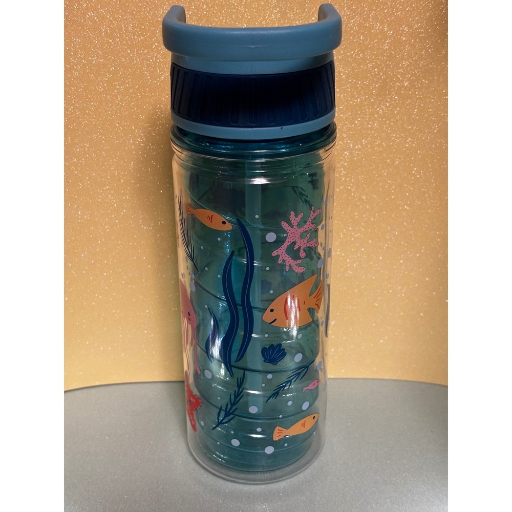Sea Life Insulated Water Bottle Teal Blue Octopus Crab Fish Kids‎ Travel Tumbler